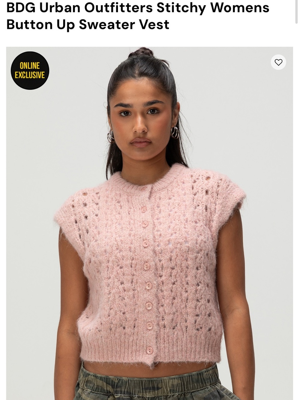 BDG Pink Stitchy Button-Up Sweater Vest